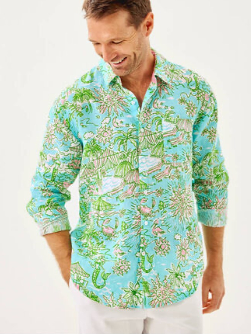 Lilly Pulitzer Men's Turquoise Floral Resort Button-Down Addison Shirt